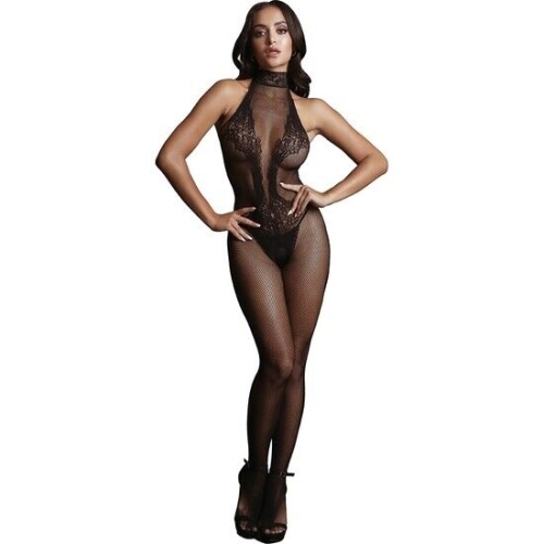 Fishnet and Lace Bodystocking - Black - O/S