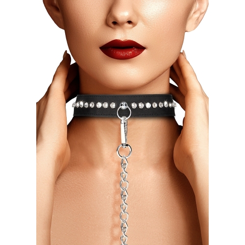 Collar con Tachuelas de Diamante y Correa - Negro
